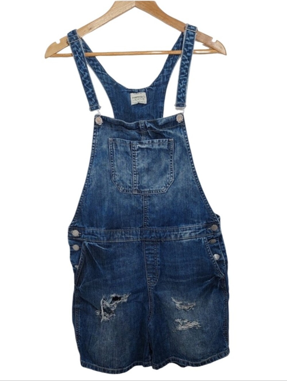Mango Denim Overall Shorts Size XS Blue Distressed Jean Overalls